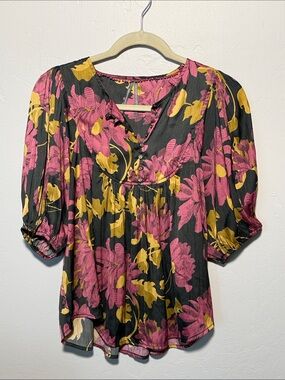 Anthropologie Black Floral Blouse with Pink and Mustard Print